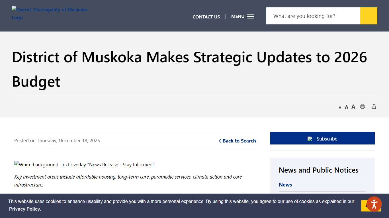 District of Muskoka Makes Strategic Updates to 2026 Budget - The District Municipality of Muskoka